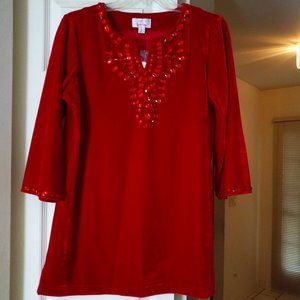 Brand New Quacker Factory Red Velvet Jeweled Tunic Top